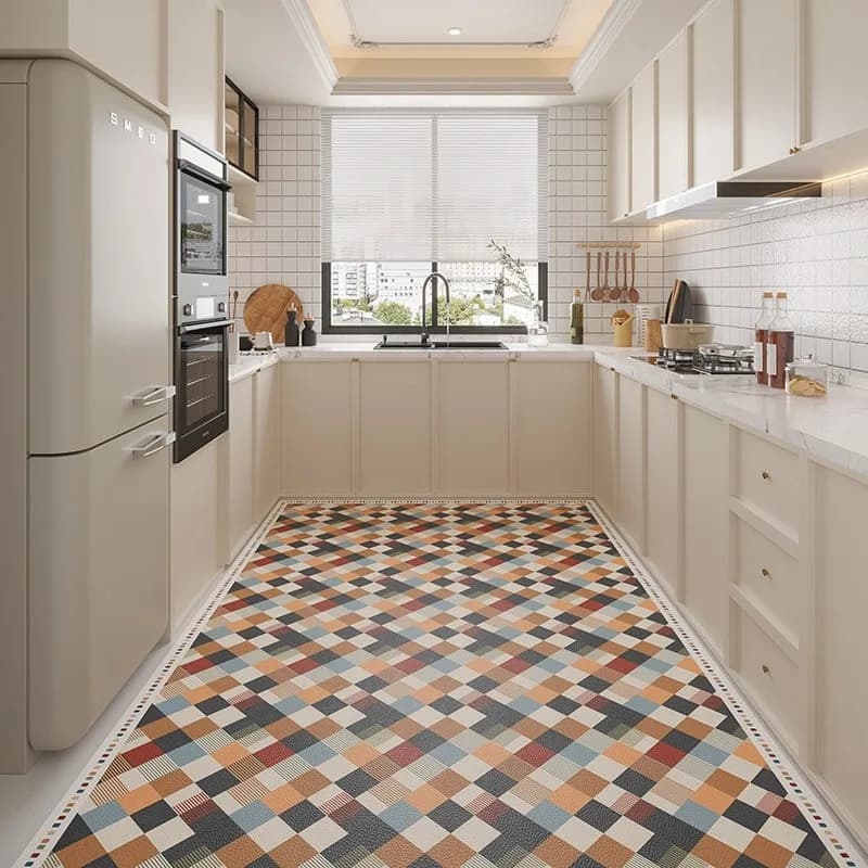 Japanese Plaid Kitchen Floor Mat PVC Leather Anti-slip Rugs Oil-proof Dirt-resistant Carpet Waterproof Balcony Rug Washable Mats