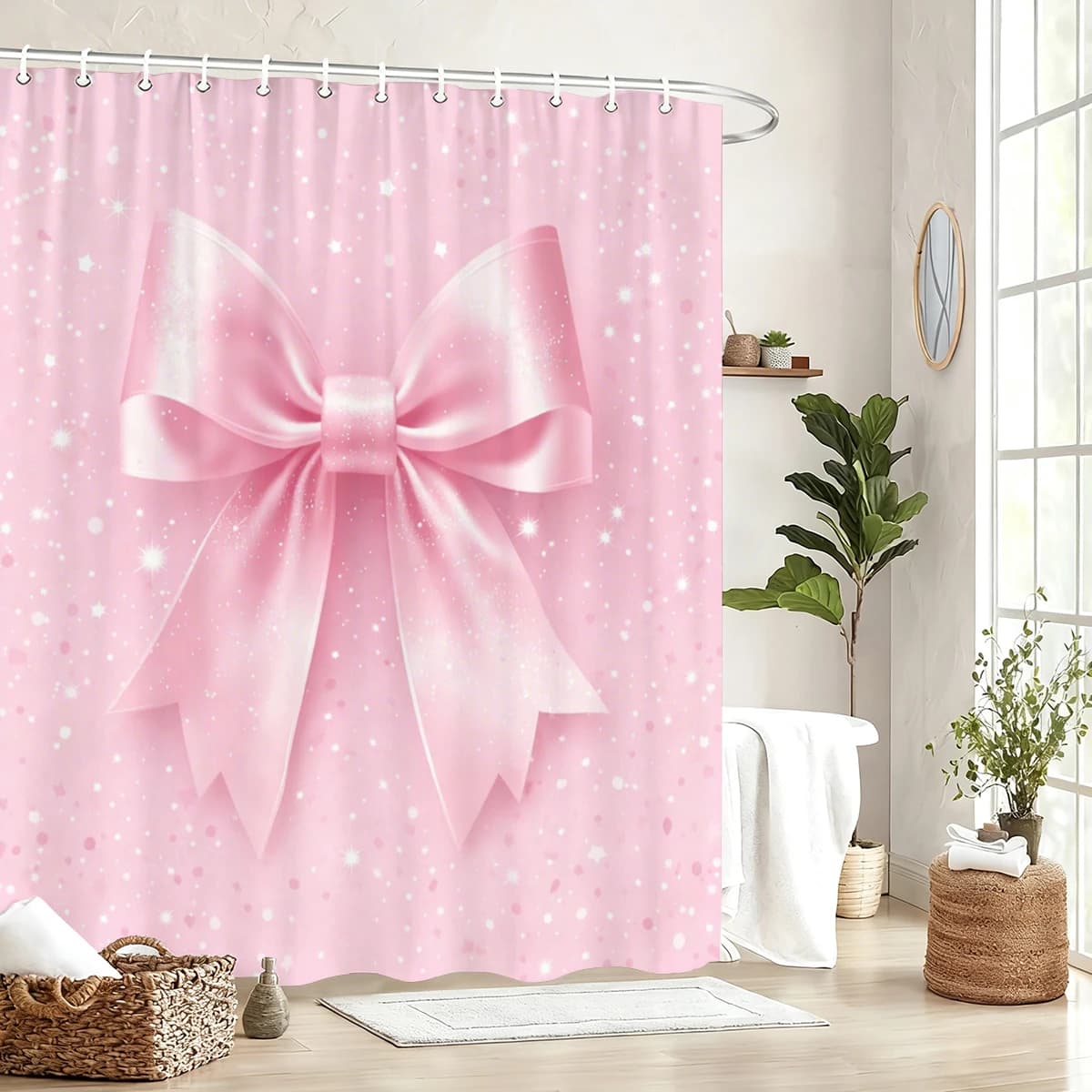 Polyester Shower Curtain - Adorable Bow, Leopard & Floral Printed Bathroom Decor, Stylish Bath Curtain for Home Bathroom