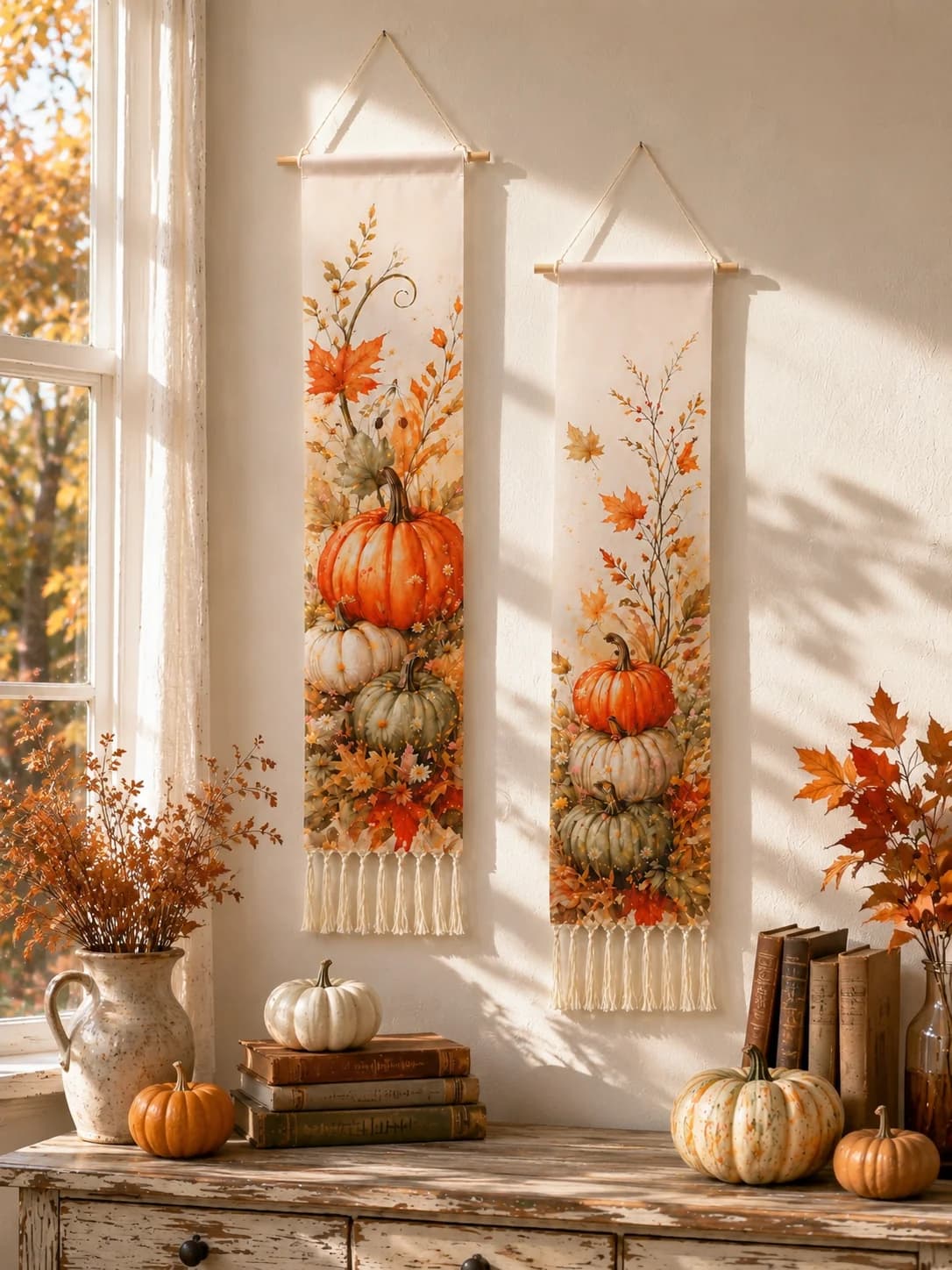 Rustic Fall Pumpkin Tapestry Autumn Maple Leaf Print Hanging Banner Farmhouse Home Wall Art Decor for Thanksgiving Harvest Party