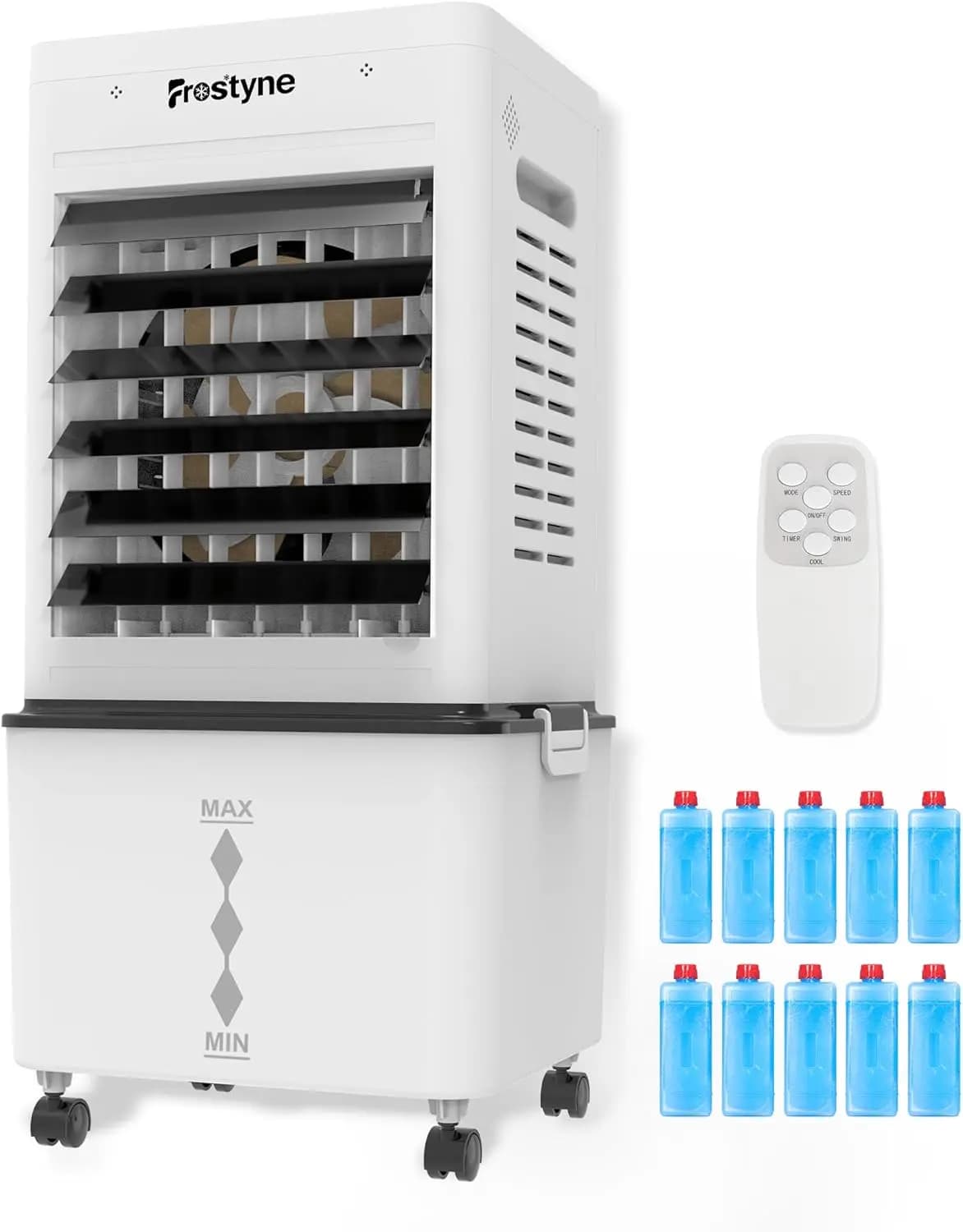 Portable Evaporative Air Cooler w/Humidifier - 3Ga Water Tank, 10 Ice Packs, 6 Speeds & 4 Modes, Timer & Remote, Windowless