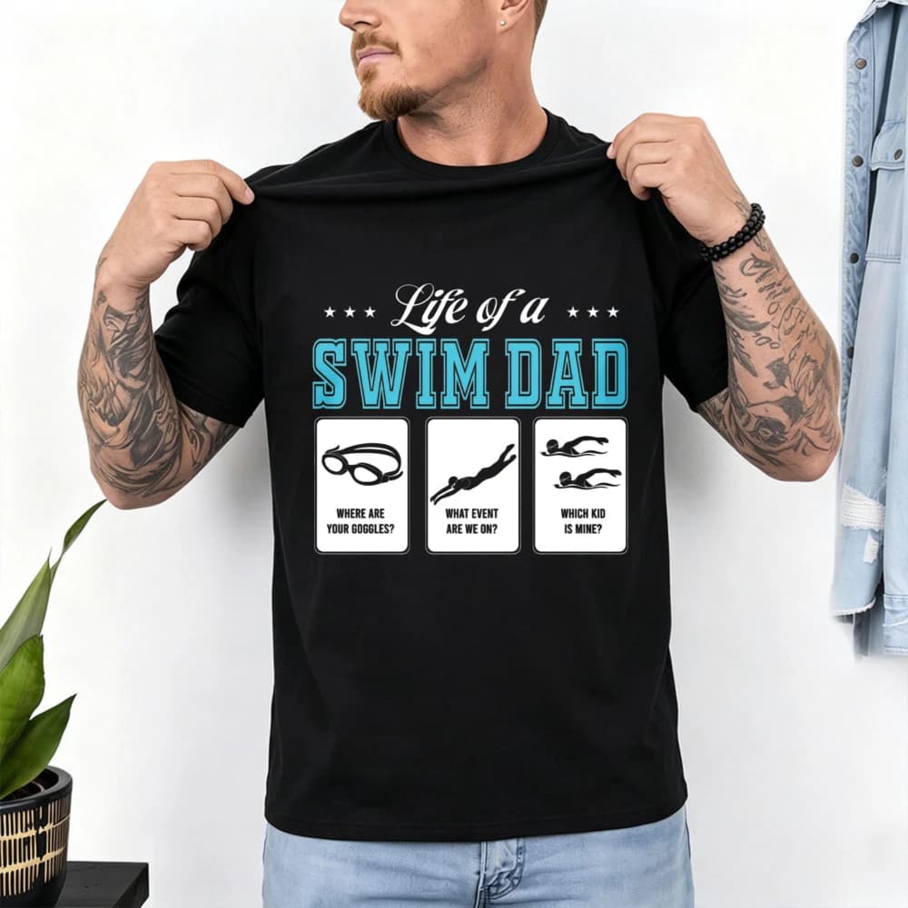 Life Of A Swim Dad Goggles Swimmer Silhouette Graphic T-Shirt Unisex Soft Cotton Swimming Team Father Casual Sports Fan Gift Top