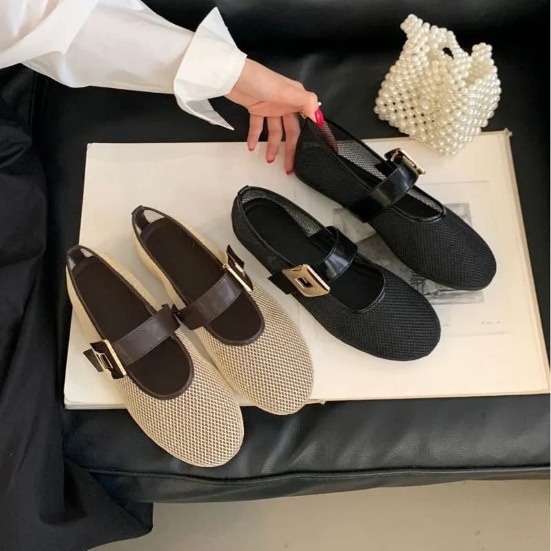 Scarpe Ballerine con Punta Rotonda e Chiusura a Fibbia, Modello Mary Jane Traspirante e Comodo