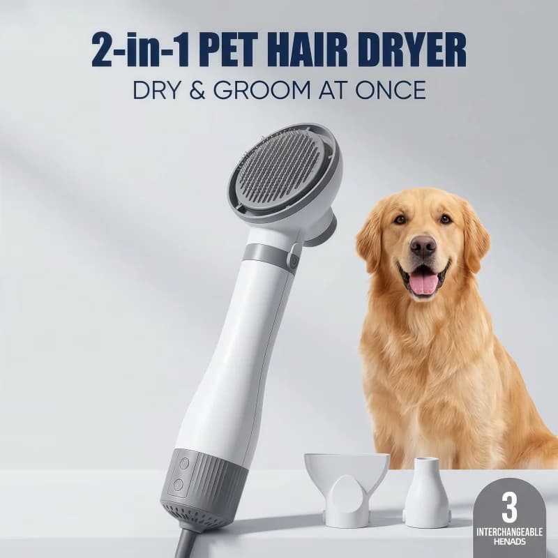 Asciugacapelli e spazzola 2 in 1 professionale per animali domestici, con spazzola soffiante multi-testa sostituibile, strumento per la rimozione del pelo per cani e gatti a pelo lungo