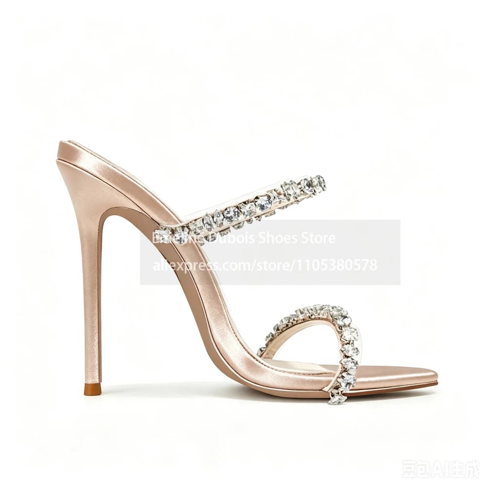 Pink Satin Rhinestone Double Strap Pointed Toe Stiletto Sandals Slip on Elegant Womens High Heels Summer Wedding Party Plus Size
