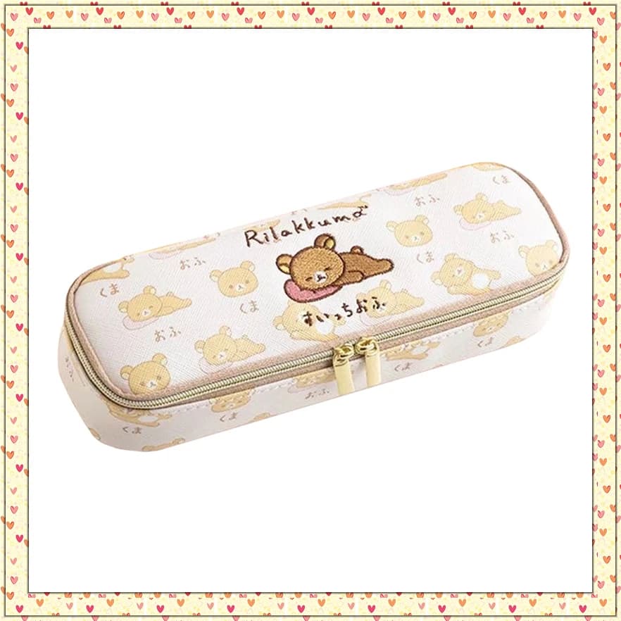 Astuccio per matite Rilakkuma Astuccio per matite in pelle ricamata con orso dei cartoni animati Astuccio per penne Astuccio per matite scolastici carino Kawaii per bambine