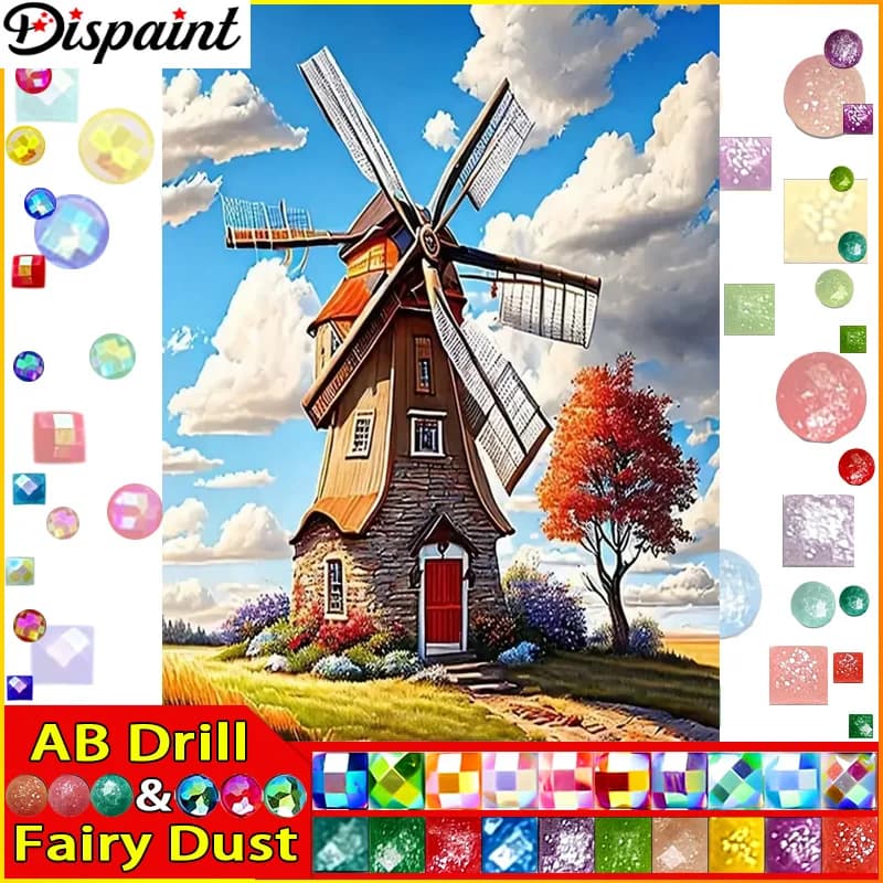 Dispaint Fairy Dust AB 5D Diamante "Albero del mulino a vento" Diamante Ricamo Pieno tondo/quadrato Pittura diamante fai da te Punto croce Casa