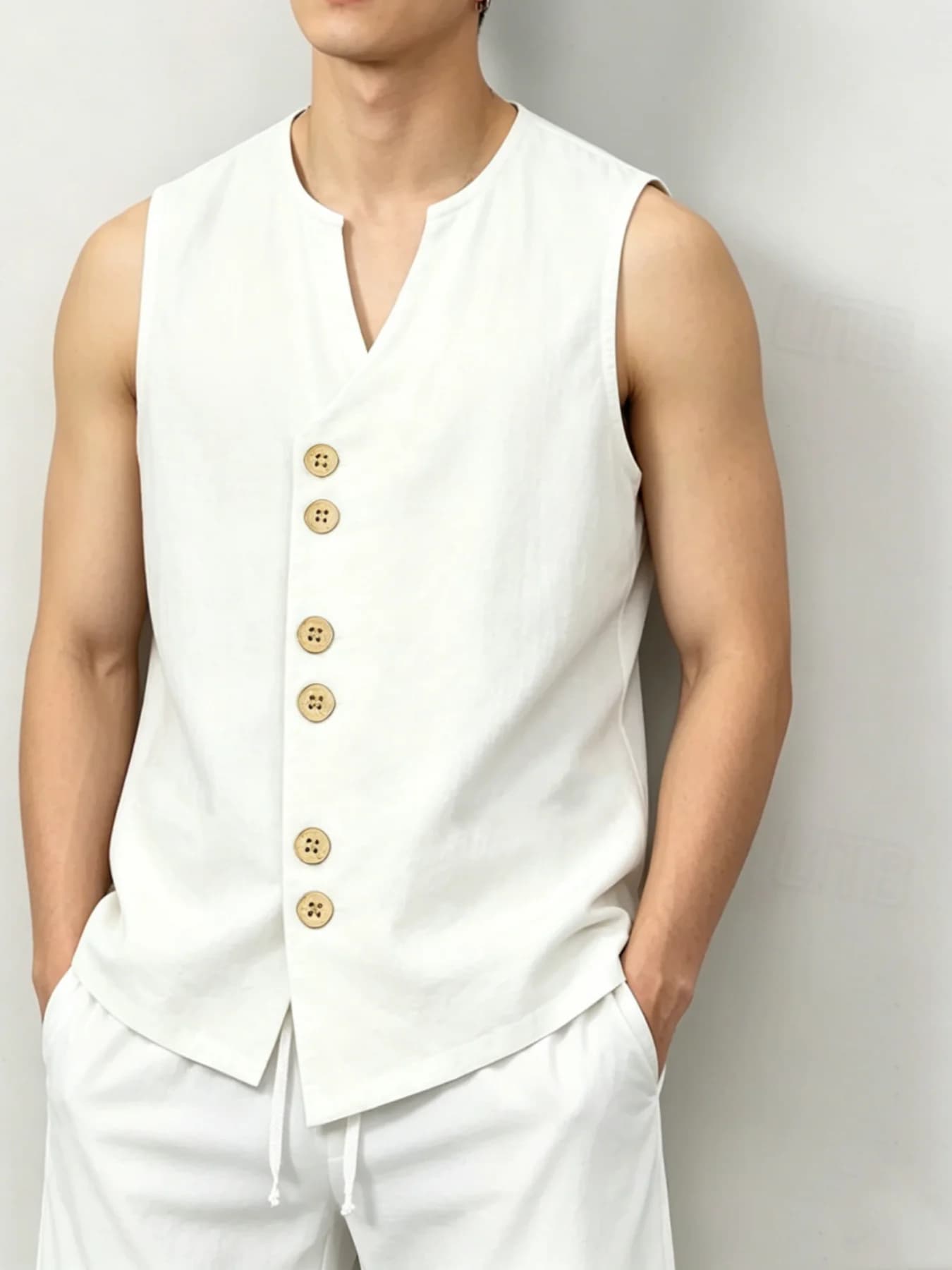 Completo da uomo 2 pezzi in lino sintetico con top senza maniche con scollo a V e pantaloncini con coulisse, traspirante, casual, per vacanze estive