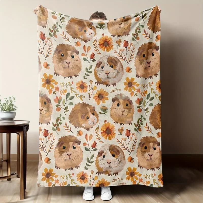 1 coperta accogliente in flanella con adorabile porcellino d'India e design floreale: morbido e caldo per l'ufficio del divano letto