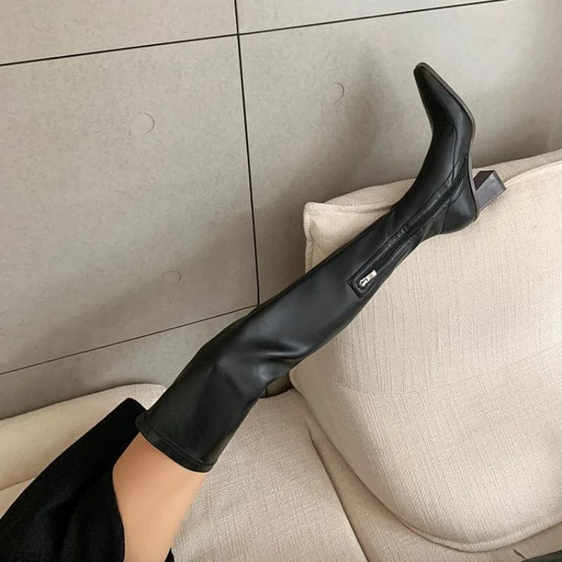 New Autumn and Winter Women's Pointed Toe Boots Over-the-Knee Sewing Slip on Square Heel Street Style Shoes 2026