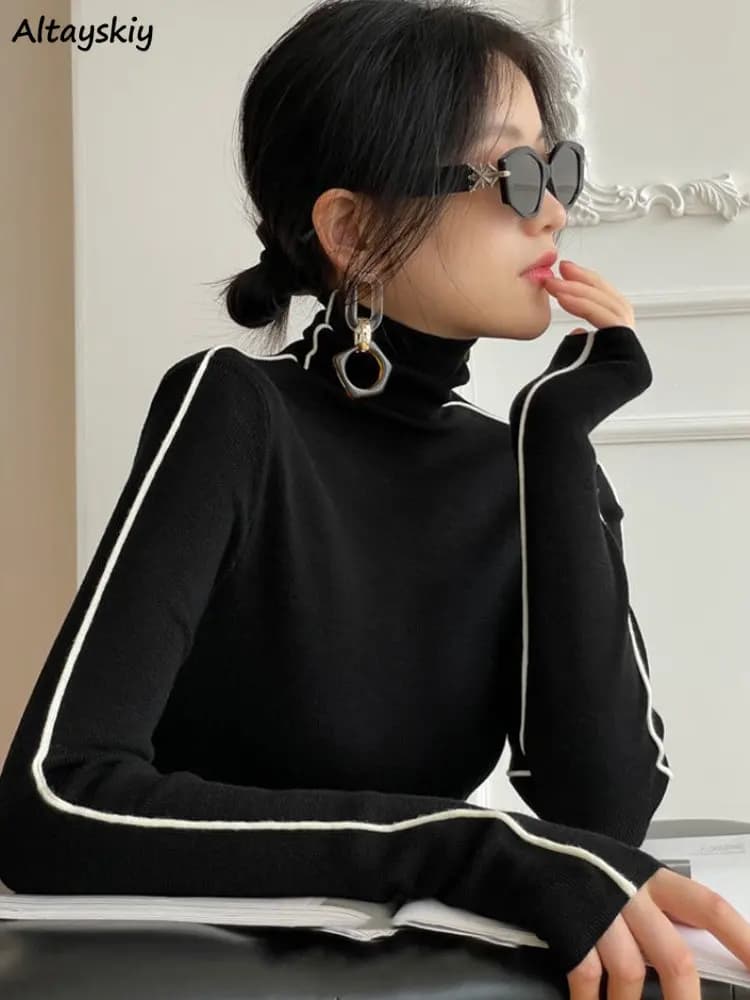 Pullover donna autunno a righe caldo tutto-fiammifero Silm dolcevita ufficio signore elegante stile coreano semplice Casual lavorato a maglia femminile