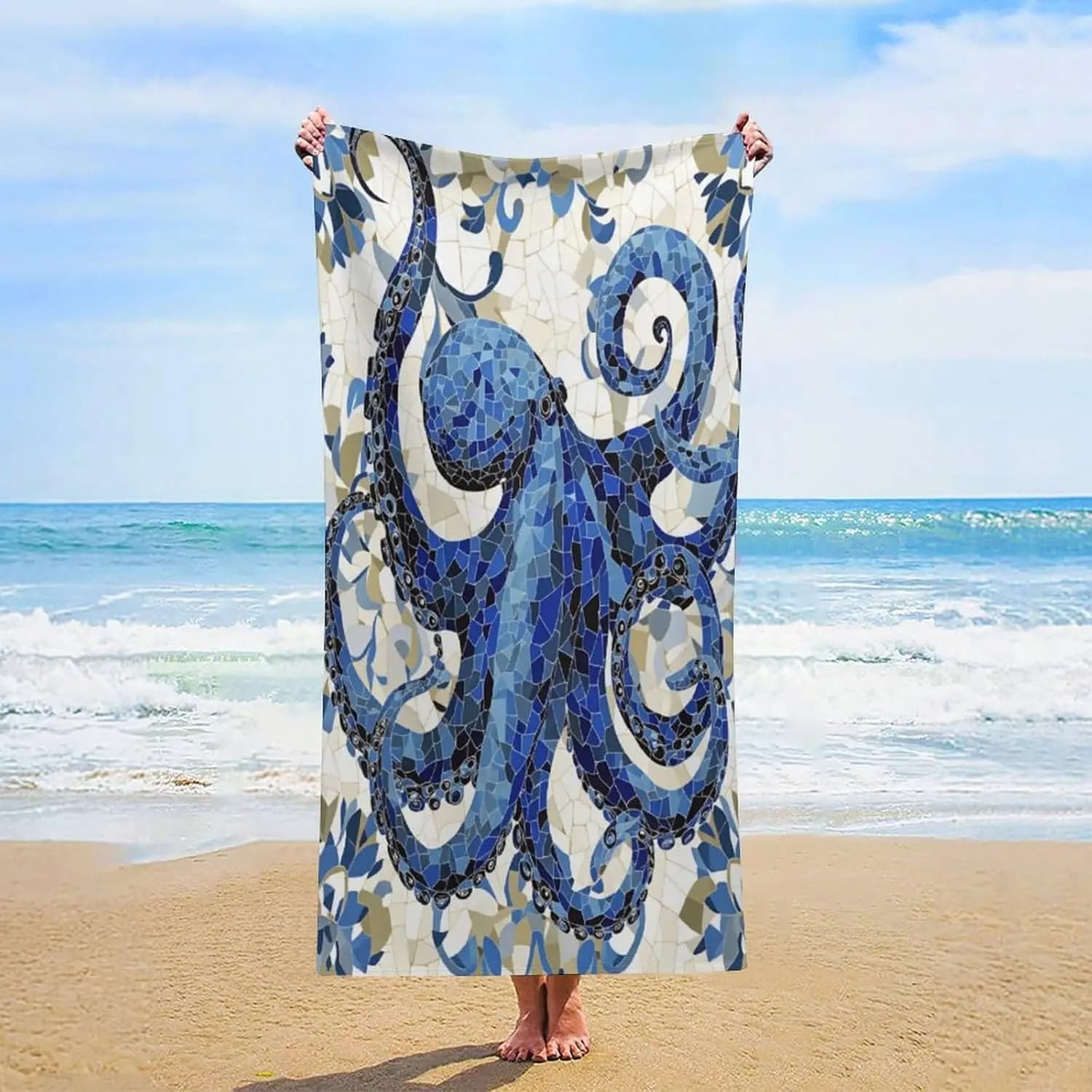 Telo Mare Oversize in Microfibra a Mosaico Polpo Blu, Asciugatura Rapida, Morbido, Assorbente, Leggero, Essenziale per Viaggi, Piscina, Bagno, Yoga