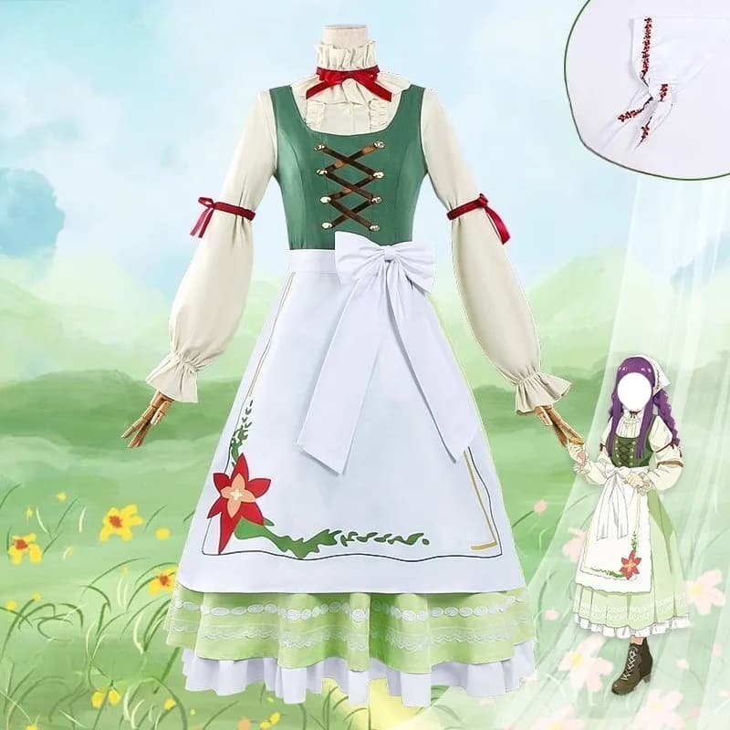 Anime Fern Frieren Costume Cosplay Celebrazioni primaverili Vestiti Camicia verde Abito Grembiule Cameriera Parrucca viola Set completo per donne Ragazze