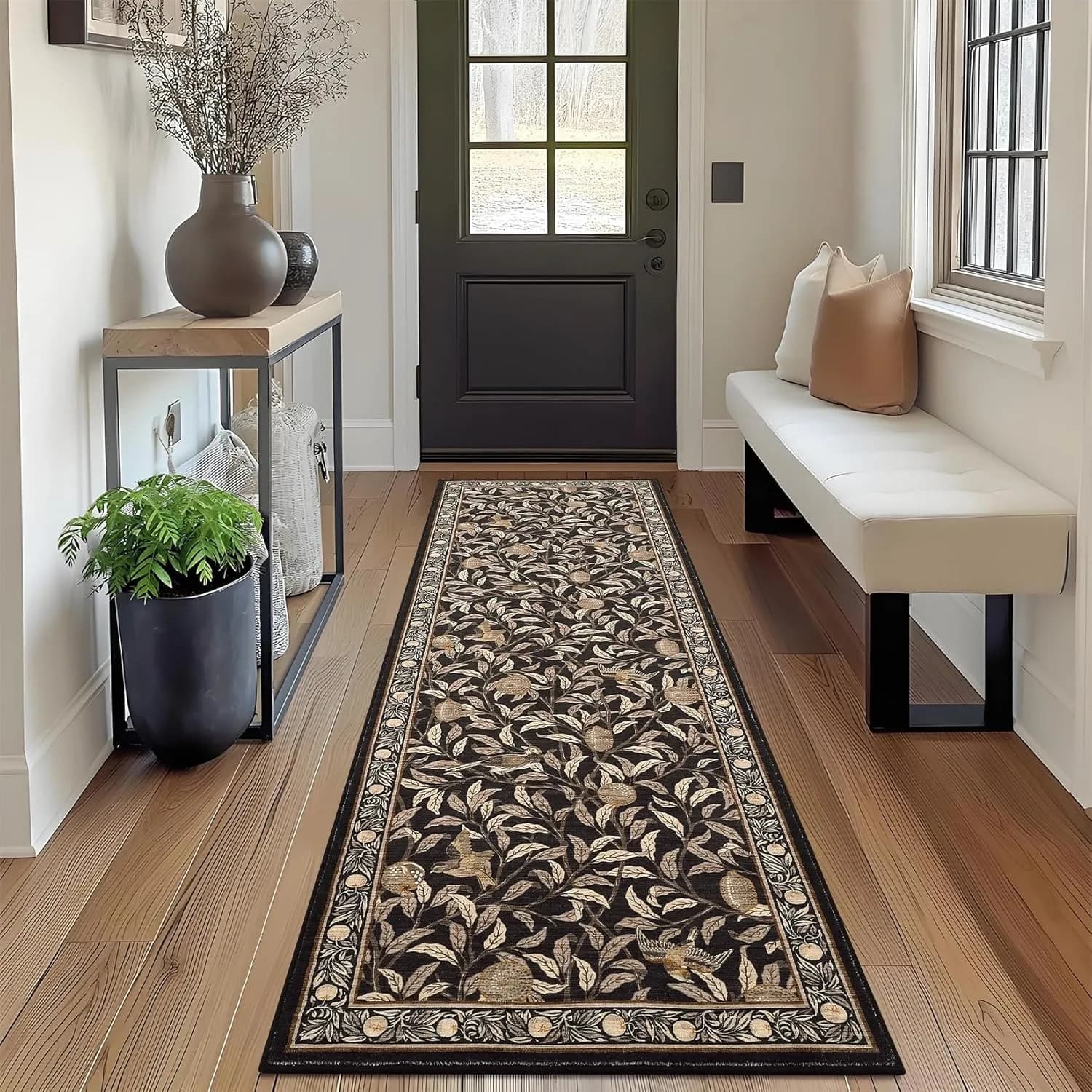 Hallway Carpet Runner Rug Long Carpets Black Floral Design Non-slip Machine Washable Rug Home Decor Rugs Alfombra Del Pasillo