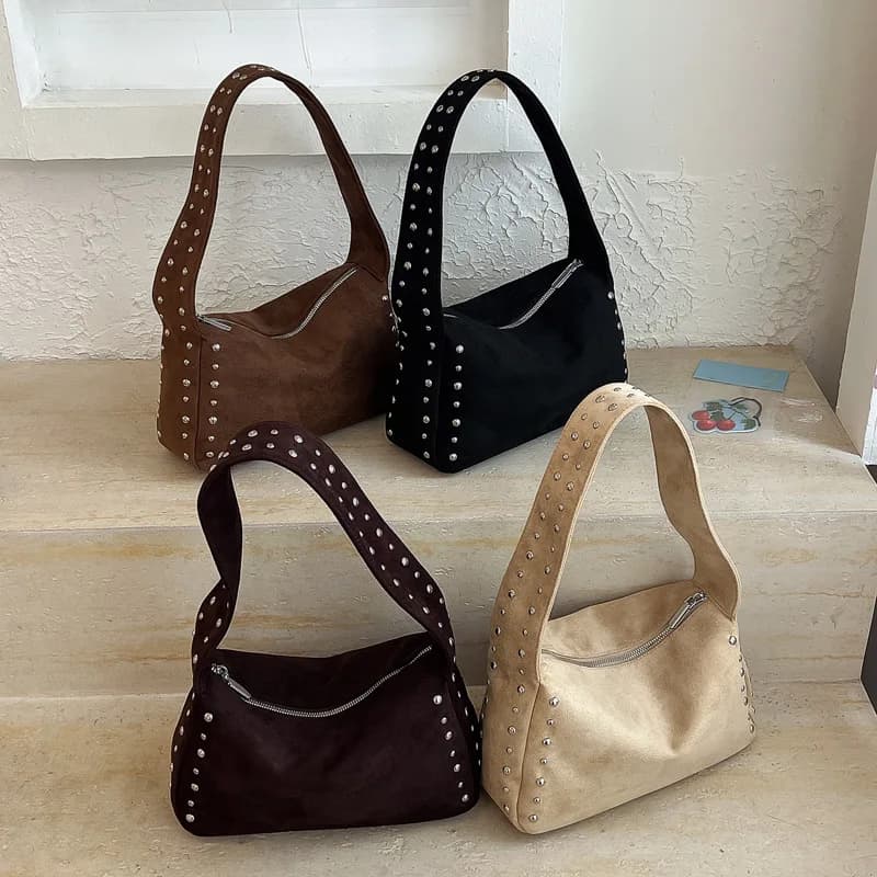 Korean Style Faux Suede Shoulder Bag Biker Style Underarm Bag Women Handbag New Retro Frosted Rivet Pillow Bag