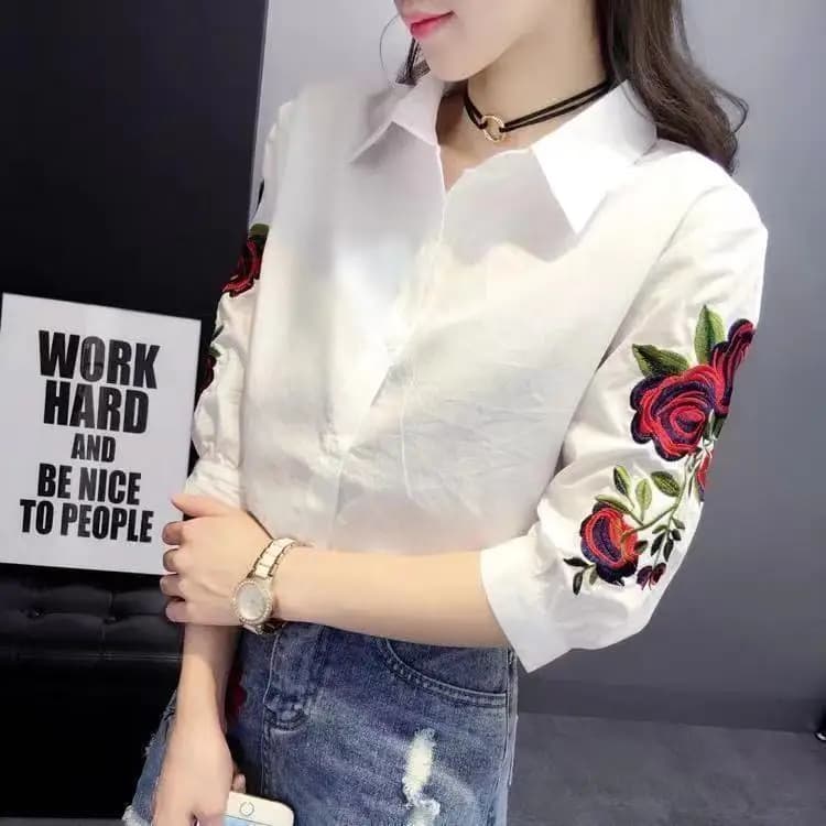 Cotton Embroidered Shirt Women's Loose Slim Fit Spring Summer New Style Korean Version Five-Quarter Sleeve Collar Top