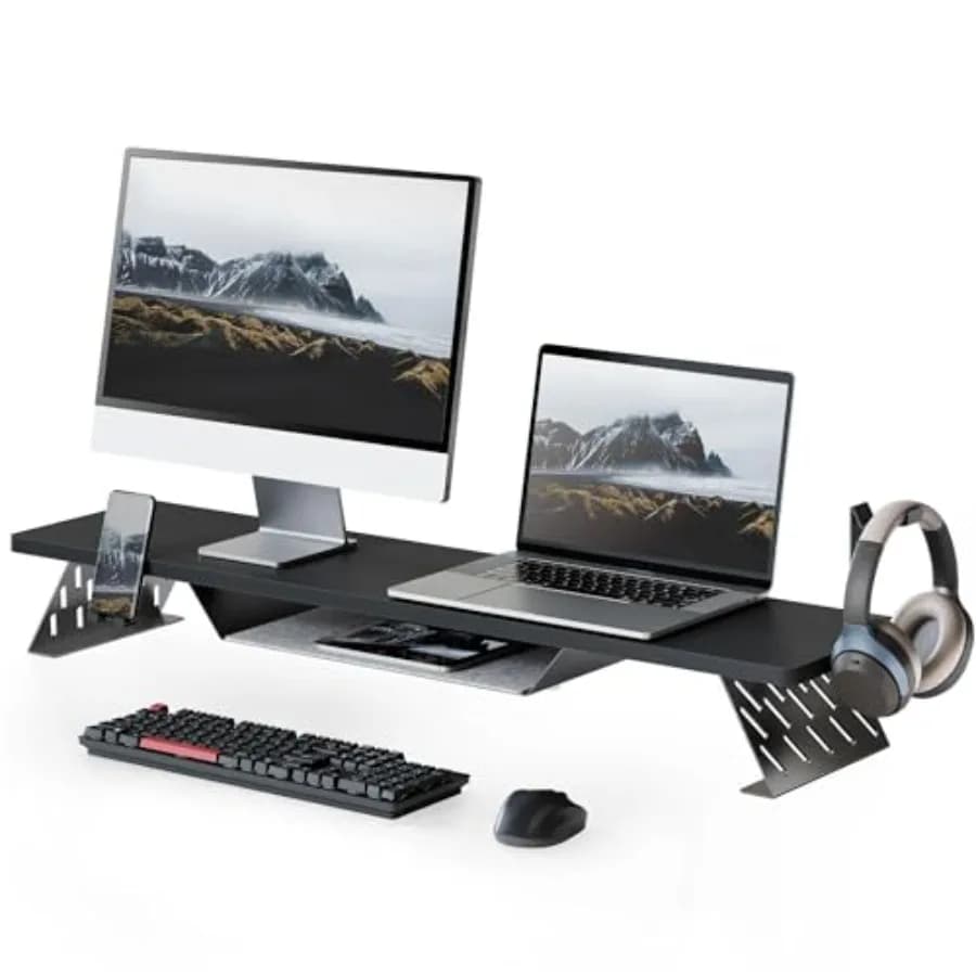 Supporto per Doppio Monitor da Scrivania in Legno Naturale, 42,5 Pollici di Larghezza, Rialzo a 2 Livelli con Supporto per Cuffie e Porta Telefono