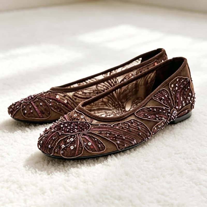 Ballerine Ricamate in Rete da Donna, Scarpe Mary Jane di Lusso con Dettagli di Paillettes, Comode Sneaker da Donna Marroni, Ballerine di Lusso Firmate