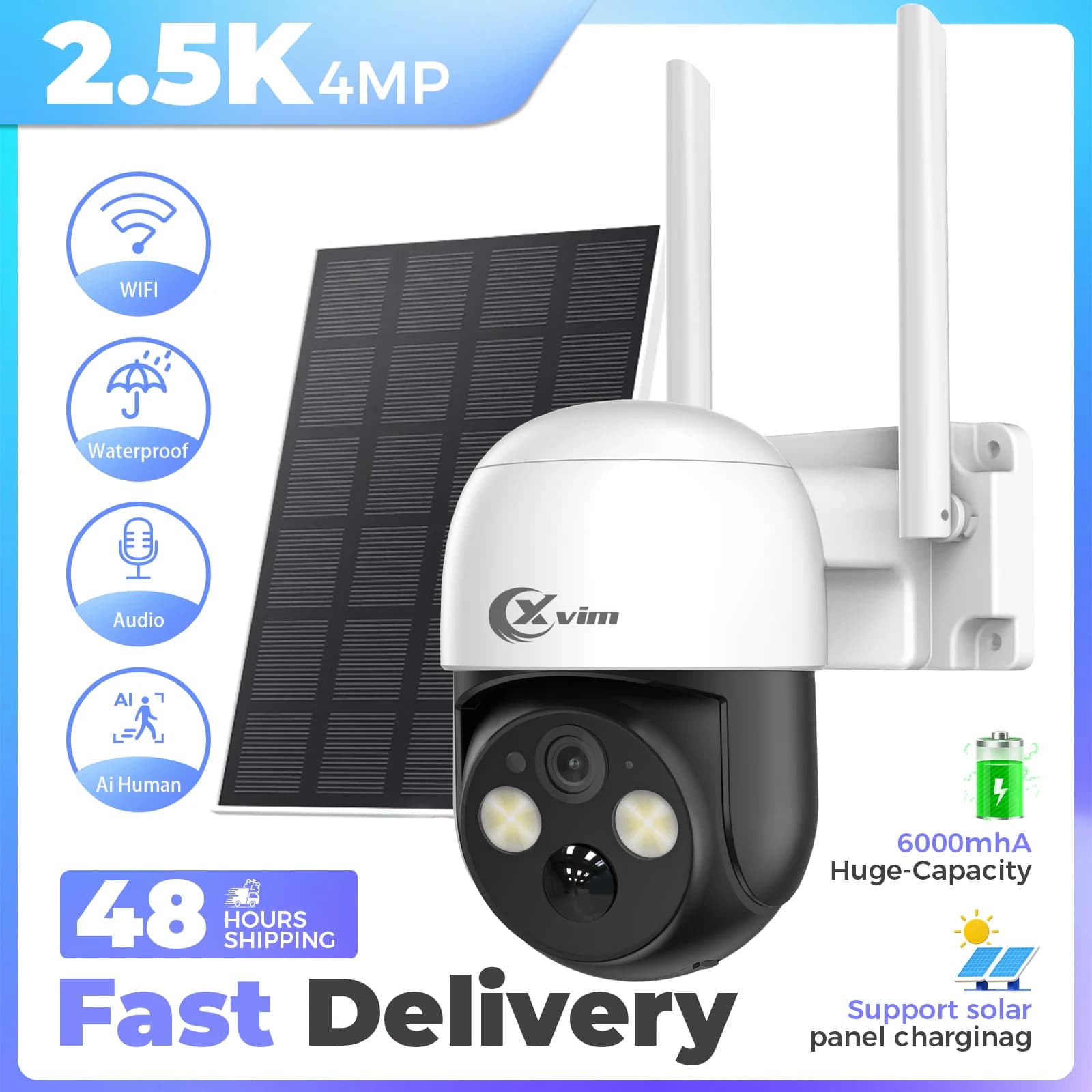 XVIM 4MP PTZ Wifi Telecamera solare esterna wireless Batteria incorporata Telecamera di videosorveglianza Standby prolungato Audio bidirezionale