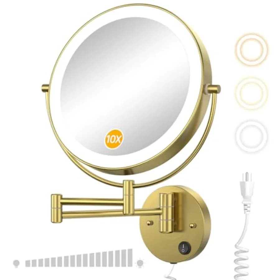 Specchio Ingranditore Illuminato da Parete 9 Pollici, Ingrandimento 1X/10X, Specchio LED Bifacciale per Bagno, 3 Colori di Luce e Regolazione Continua