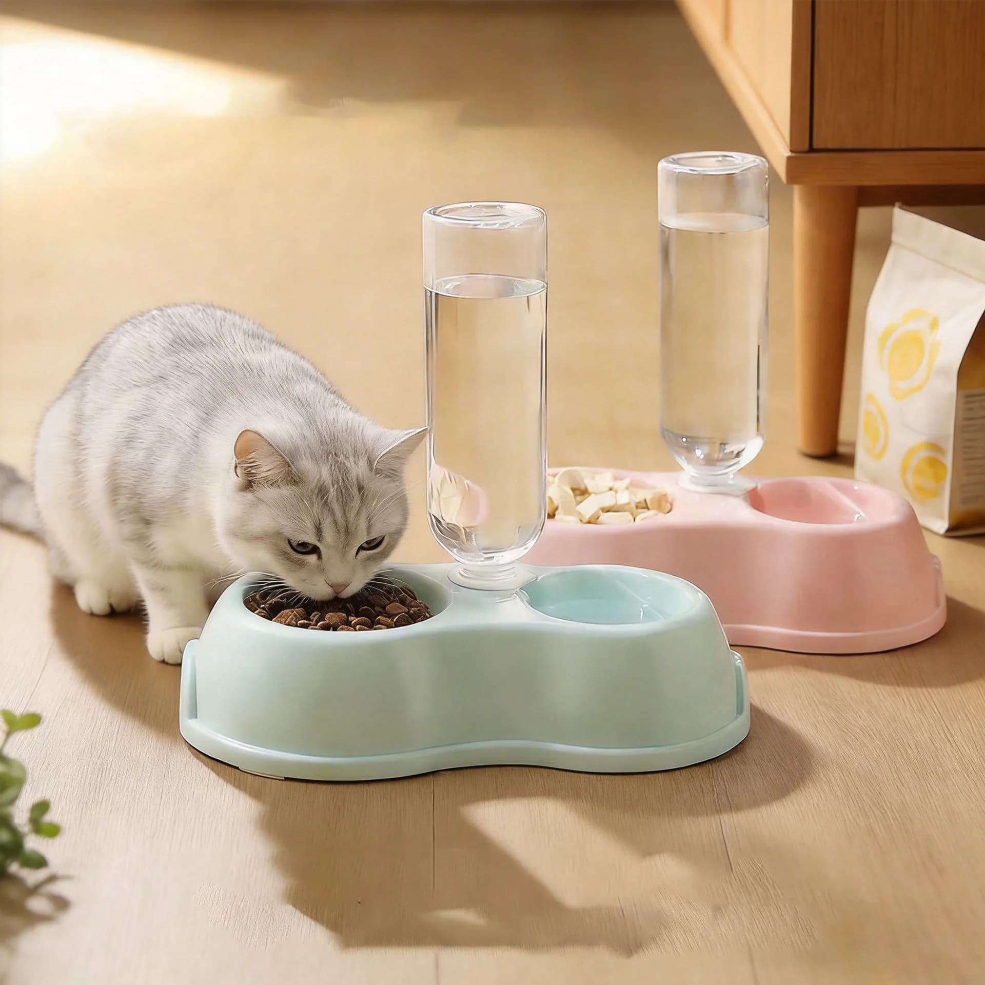 Ciotola Doppia in Plastica per Animali Domestici, Dispenser Automatico di Acqua e Cibo per Cani e Gatti, Ciotola Integrata per l'Alimentazione Quotidiana di Cuccioli e Gattini
