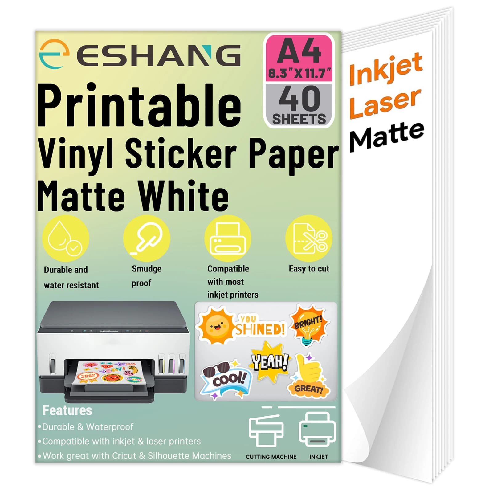 40 Sheets A4(8.3 x 11.7 Inch) Size Printable Vinyl Sticker Paper for Inkjet & Laser Printer Matte White Waterproof, Dries Quickl