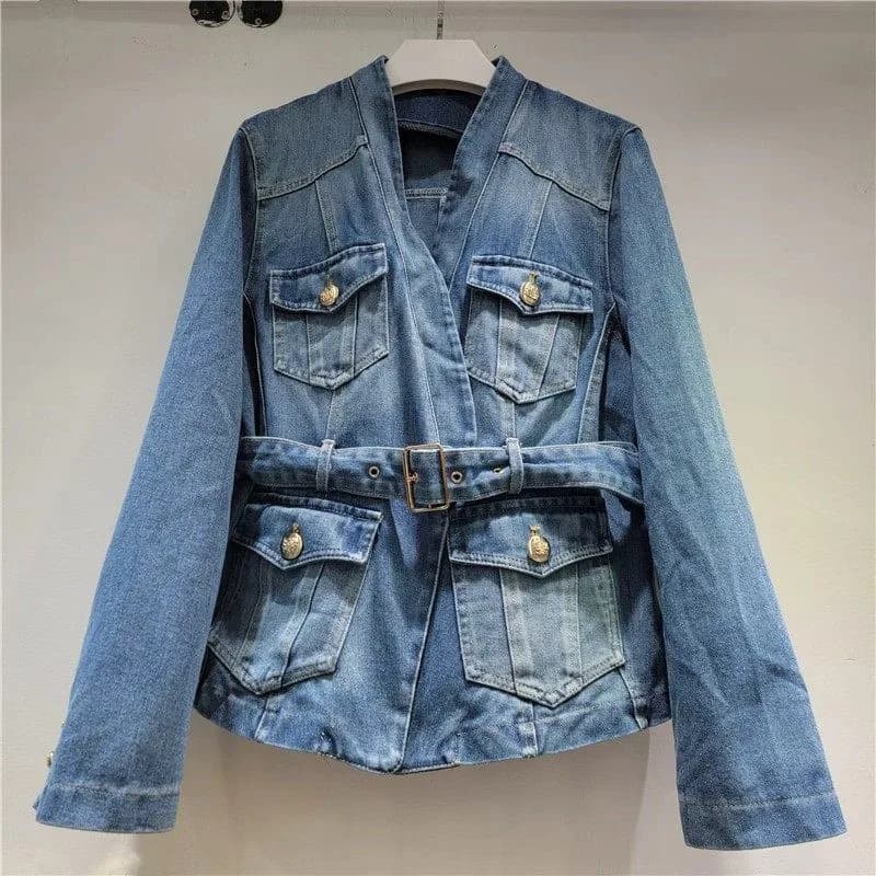 Giacca di jeans blu design multitasche con telai slim scollo a V manica lunga primavera autunno nuove donne giacca di jeans cappotto streetwear