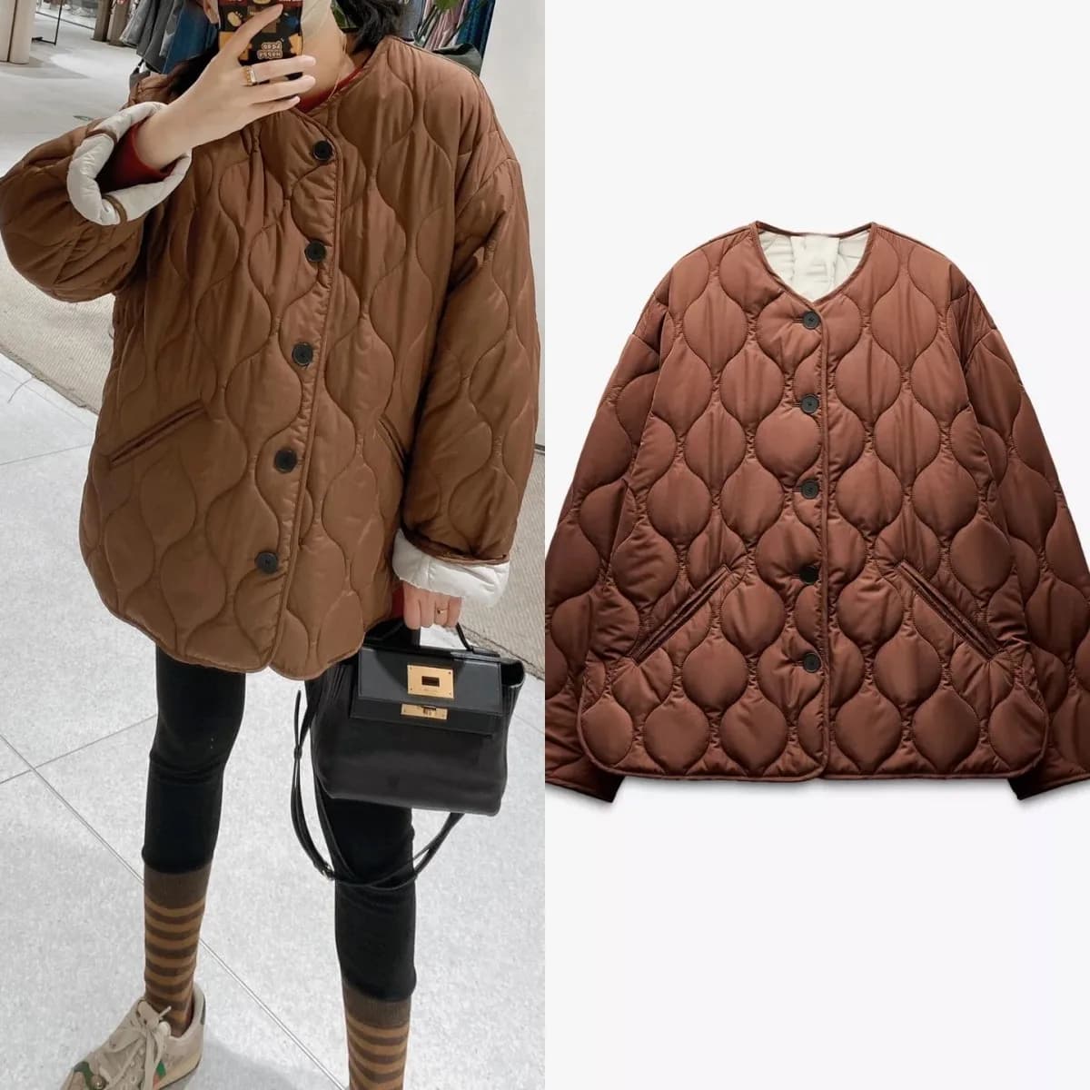 ETJ 2025 donna Autunno/inverno nuova giacca con diamanti trapuntata marrone chiaro Maillard versione ampia del cappotto girocollo