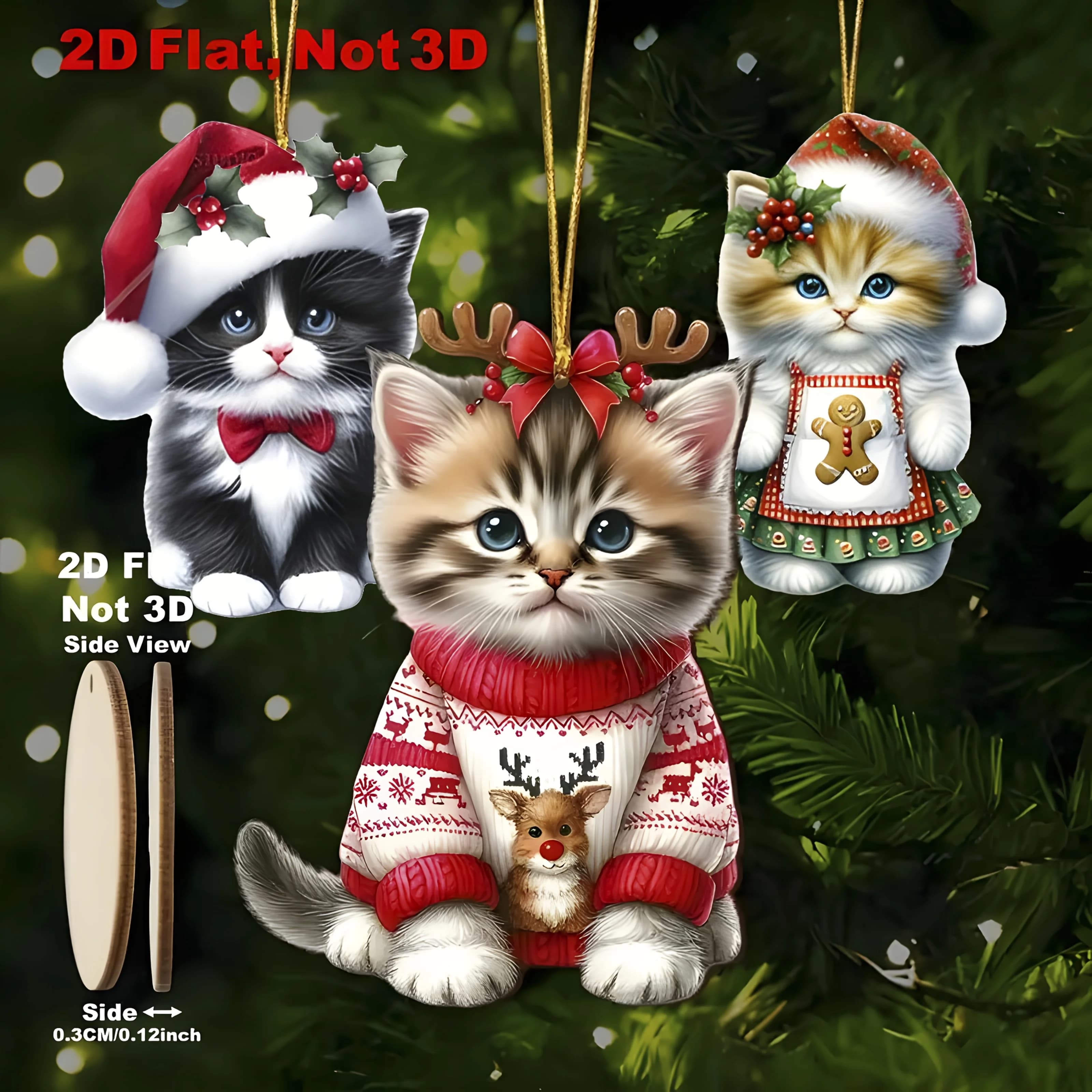 Cat Ornaments for Christmas Tree 2D Wooden Pendant Cute Christmas Animal Ornaments for Home Fireplace Garden Workplace