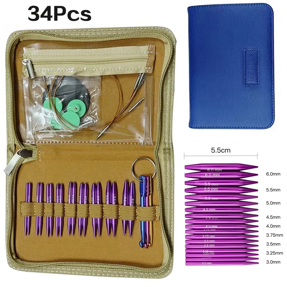 A set of 34 knitting tools Mini short 5.5 cm Sweater needles Set of detachable circular needles Neck kit with knitted sleeves