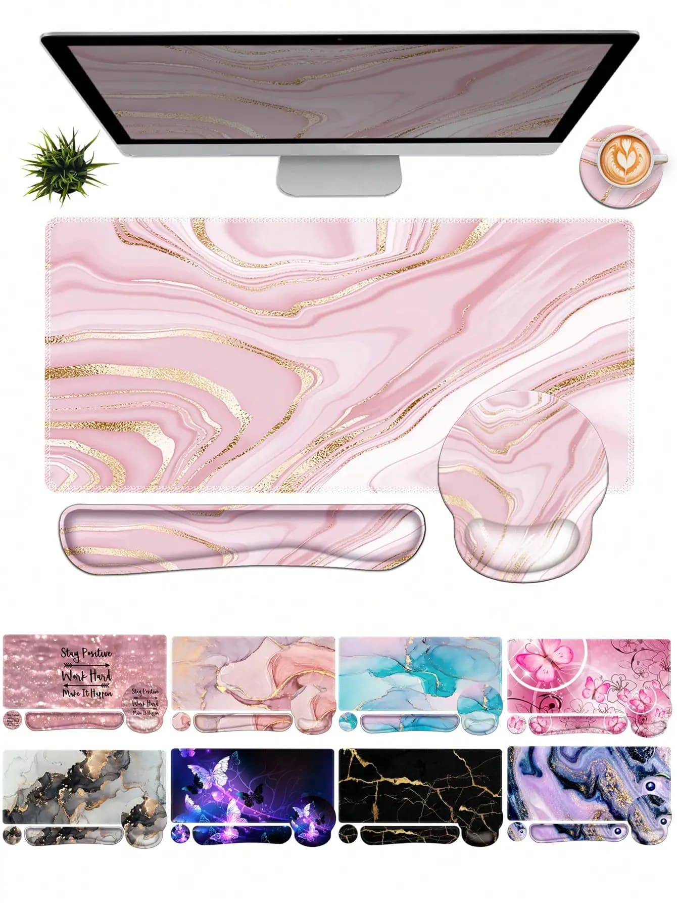 Questo set 4-in-1 di tastiera e tappetino per mouse include un tappetino per mouse di grandi dimensioni, poggiapolsi per tastiera, poggiapolsi per mouse e sottobicchiere.