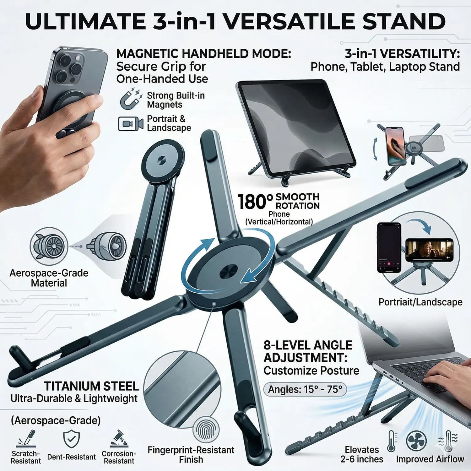 Portable Magnetic Tablet Holder 3-in-1 Tablet Stand Adjustable Alloy Heat Dissipation Foldable Stand for Laptop iPad Phone Holde