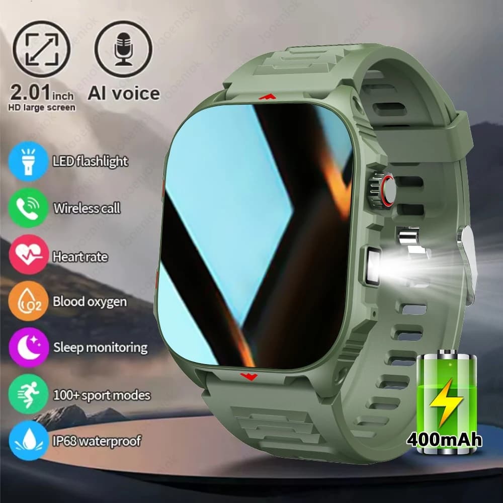 Orologio intelligente militare robusto da 400 mAh con torcia a LED Schermo HD Chiamata Bluetooth Smartwatch esterno impermeabile 2025 Nuovo
