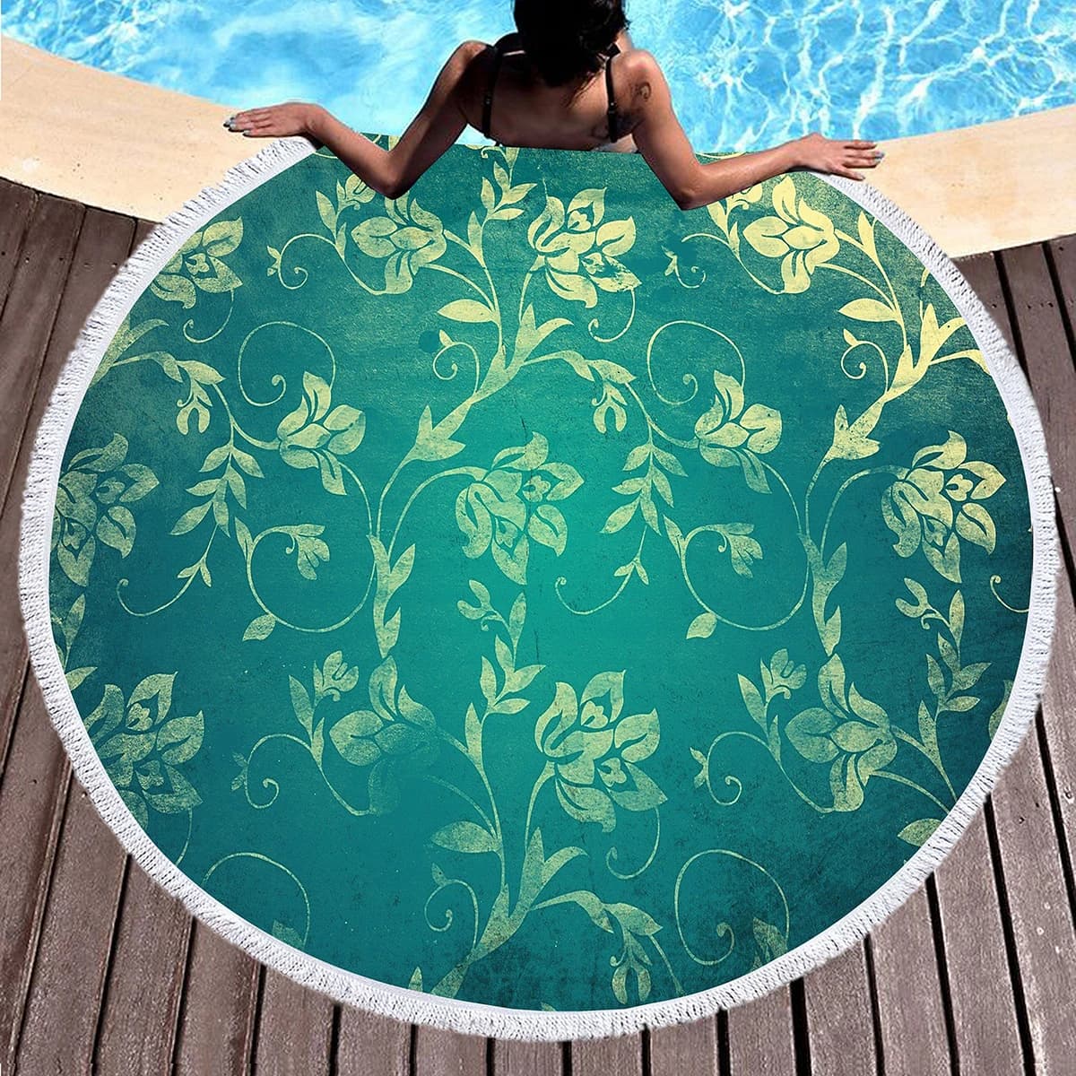 Vintage Floral Round Sea Tel With Nappe, Beach Cover Rustic Style, Soft Microfiber Mat for Yoga and Meditation, Picnic Carpet