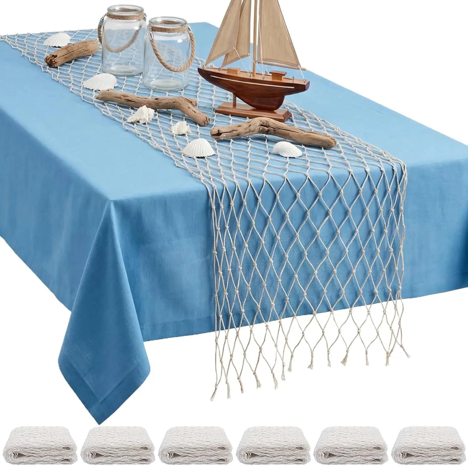 6 Pcs Fish Net Party Decorations, 12x72'' Cotton Fishing Net Table Runner for Mermaid Pirate Hawaiian Ocean Under the Sea Theme