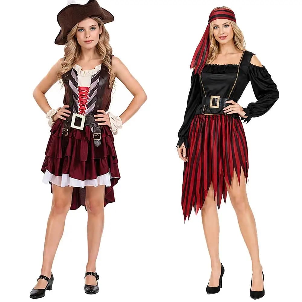 Halloween Women's Pirate Costume Classic Black And Red Outfit with Headwear belt for Halloween Party Cosplay Event