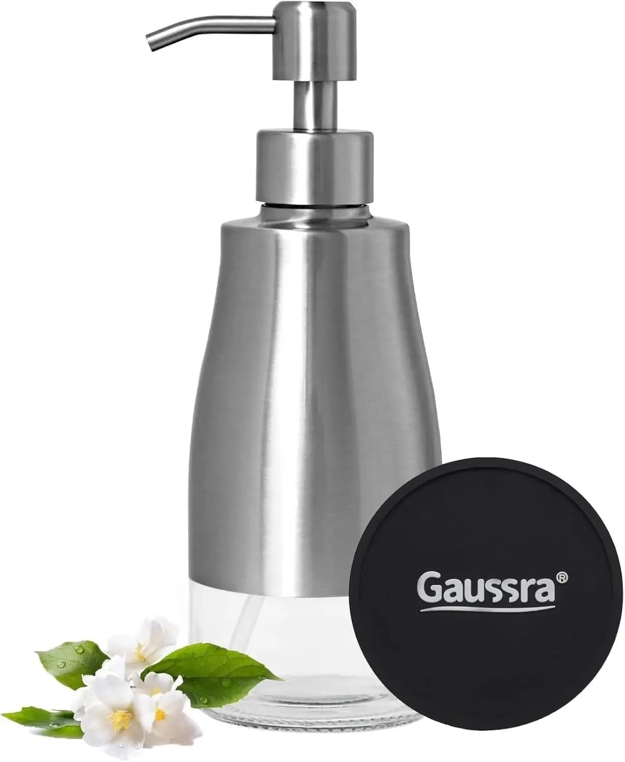 Dispenser di Sapone in Nichel Spazzolato con Sottobicchiere e Adesivi, Pompa Manuale in Vetro da 11oz per Cucina e Bagno