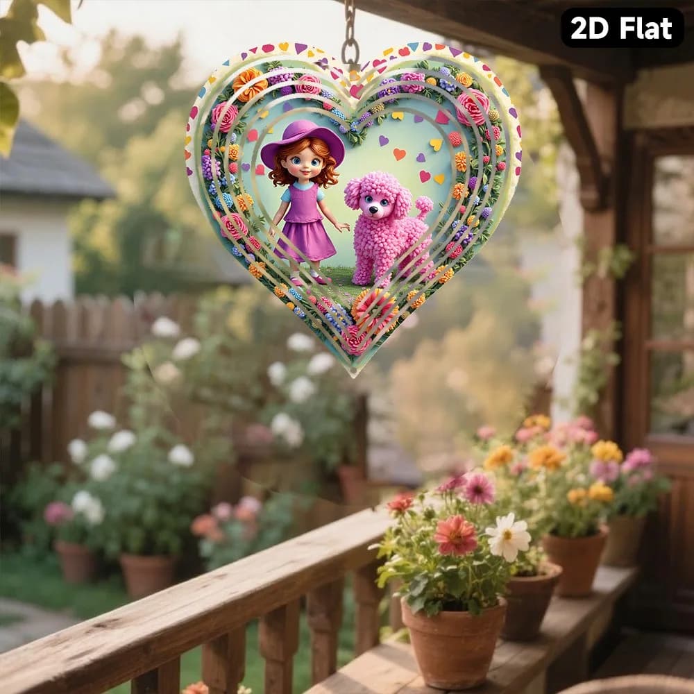 Unique Girls Pink Poodle Wind Chime, Metal Heart Garden Decor, Cute Indoor Hanging Ornament, Boho Easter Birthday Gift Idea, Dur
