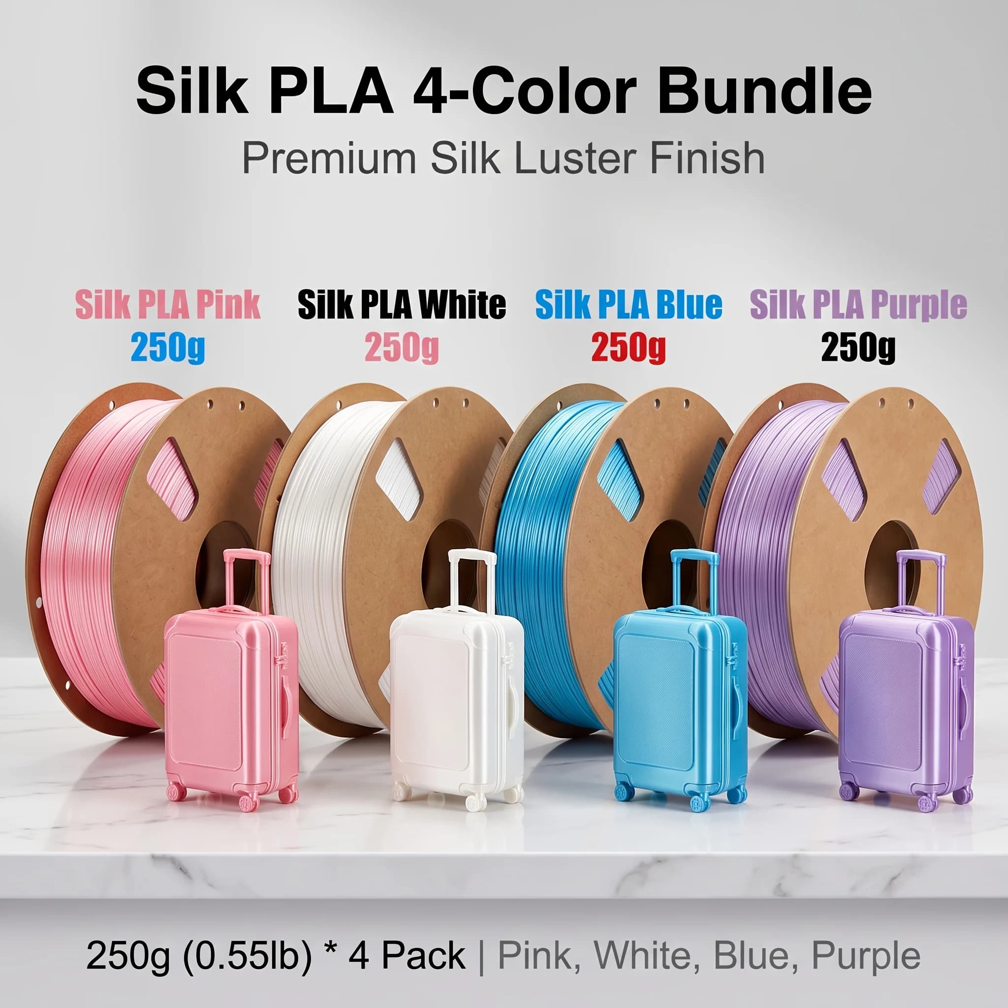 1.75mm Silk PLA 3D Printer Filament Bundle, Pink/Sky Blue/Konjac Purple/White, 200/250/500/1000g
