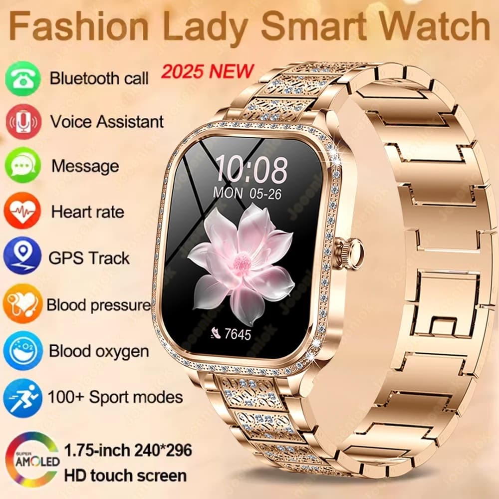2025 New Real AMOLED HD Ladies' Watchtower Health Monitoring Vocal Assistant Bluetooth Fashion Diamond Smartwatch IOS