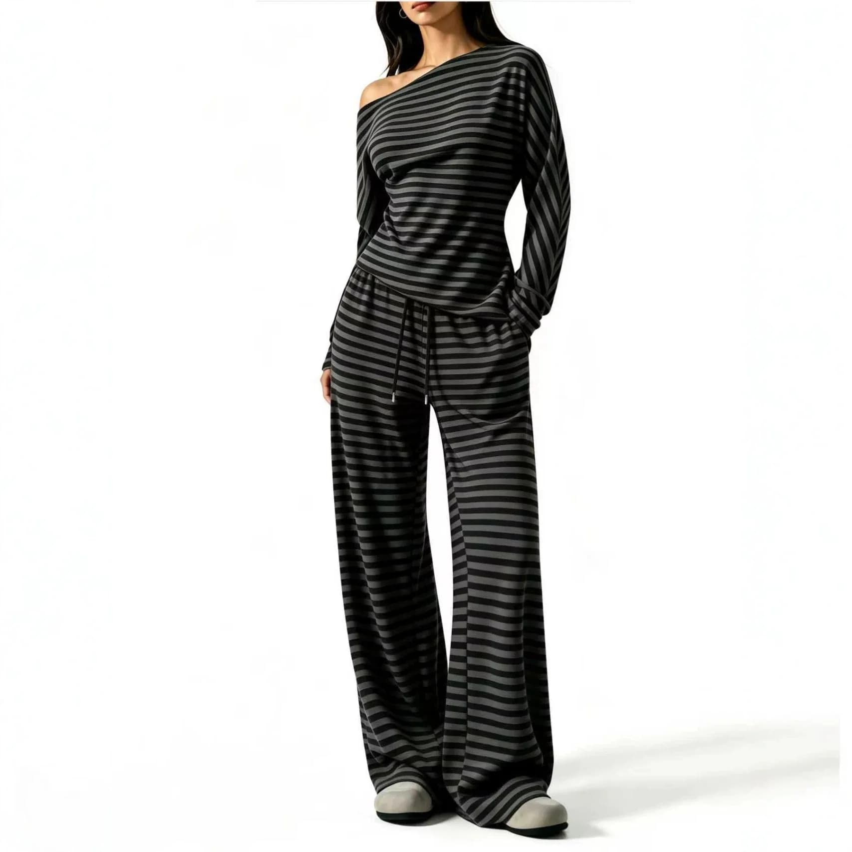 Women's Spring Autumn Striped Irregular Long Sleeve Top And Drawstring Pants Two Piece Set