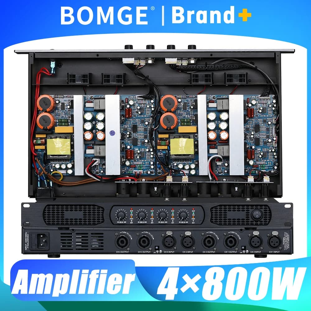 Amplificatore di Potenza Digitale BOMGE 800W 8 Ohm 1U a 4 Canali per Karaoke, Palco, Audio, Microfono e Altoparlanti