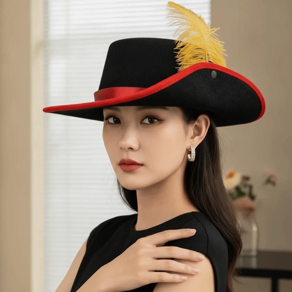 Felt Cavalier Top Hat Artificial Feather Wide Brim Feather Stage Cap Black Retro Style Masquerade Headwear Party