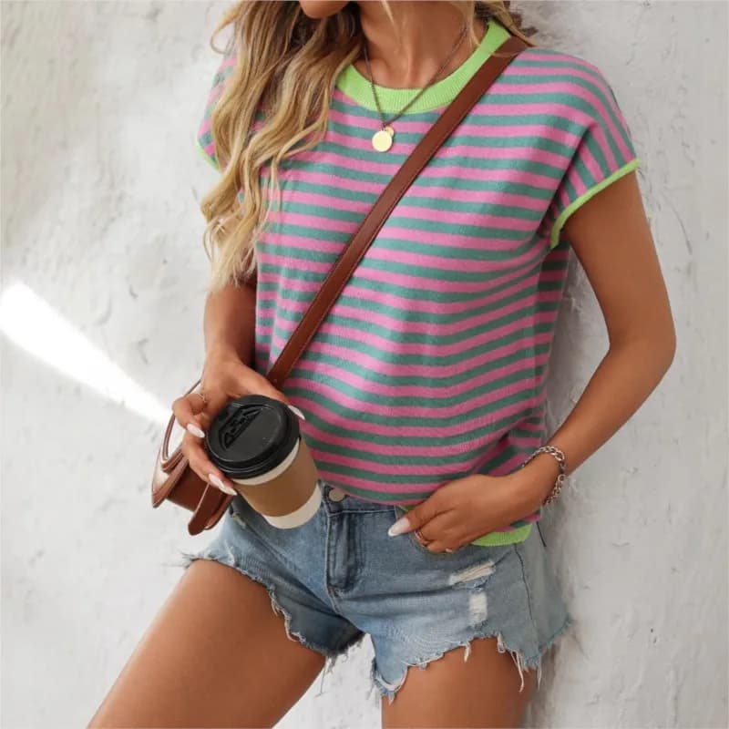 T-shirt a maniche corte a righe a contrasto per donna, primaverile ed estivo, versatile, nuovo modello con scollo rotondo, casual, per tutti i giorni.