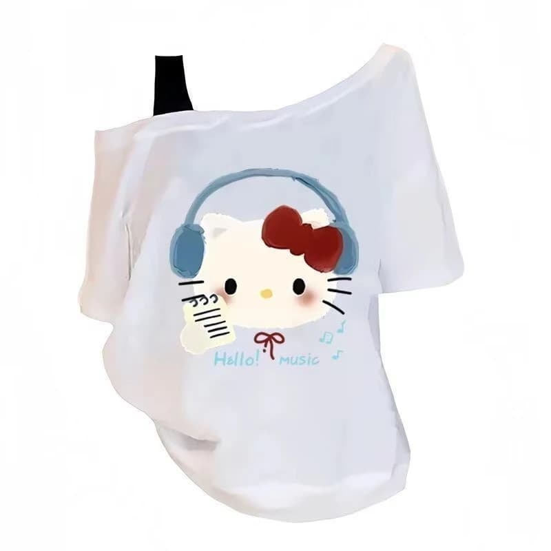 T-shirt Hello Kitty Kawai Slim Fit Sanrio with asymmetrical shoulder, sleeveless, cotton, for women, girls, teenagers, summer, pretty and sweet