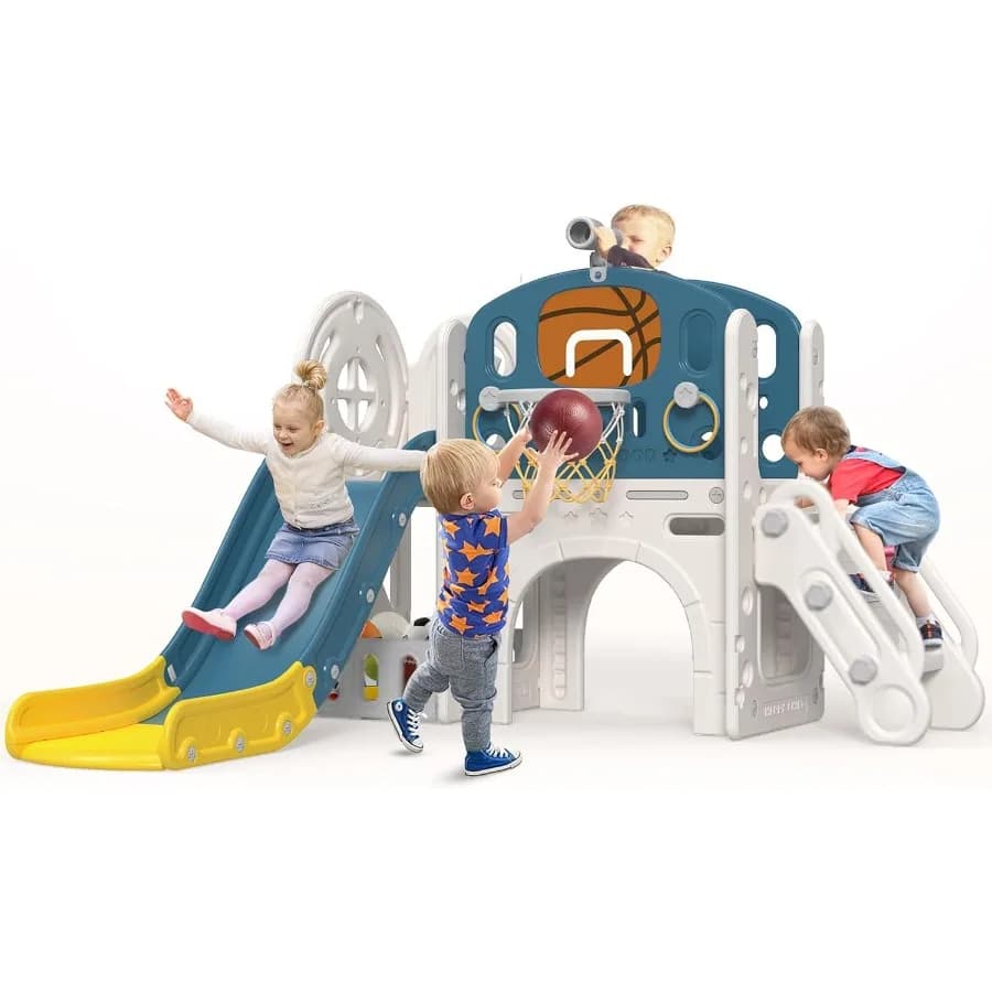 Scivolo per bambini 9 in 1 Scivolo per bambini dai 13 anni con anello di lancio Canestro da basket e telescopio Set da gioco per interni ed esterni Playgrou