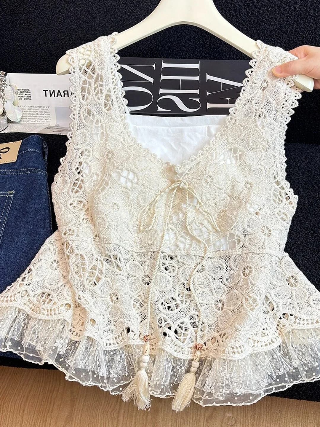 Retro Lace Splicing Hollow out Vest Women's Summer New Holiday Style Sleeveless Loose Top Cotton V-neck Outerwear