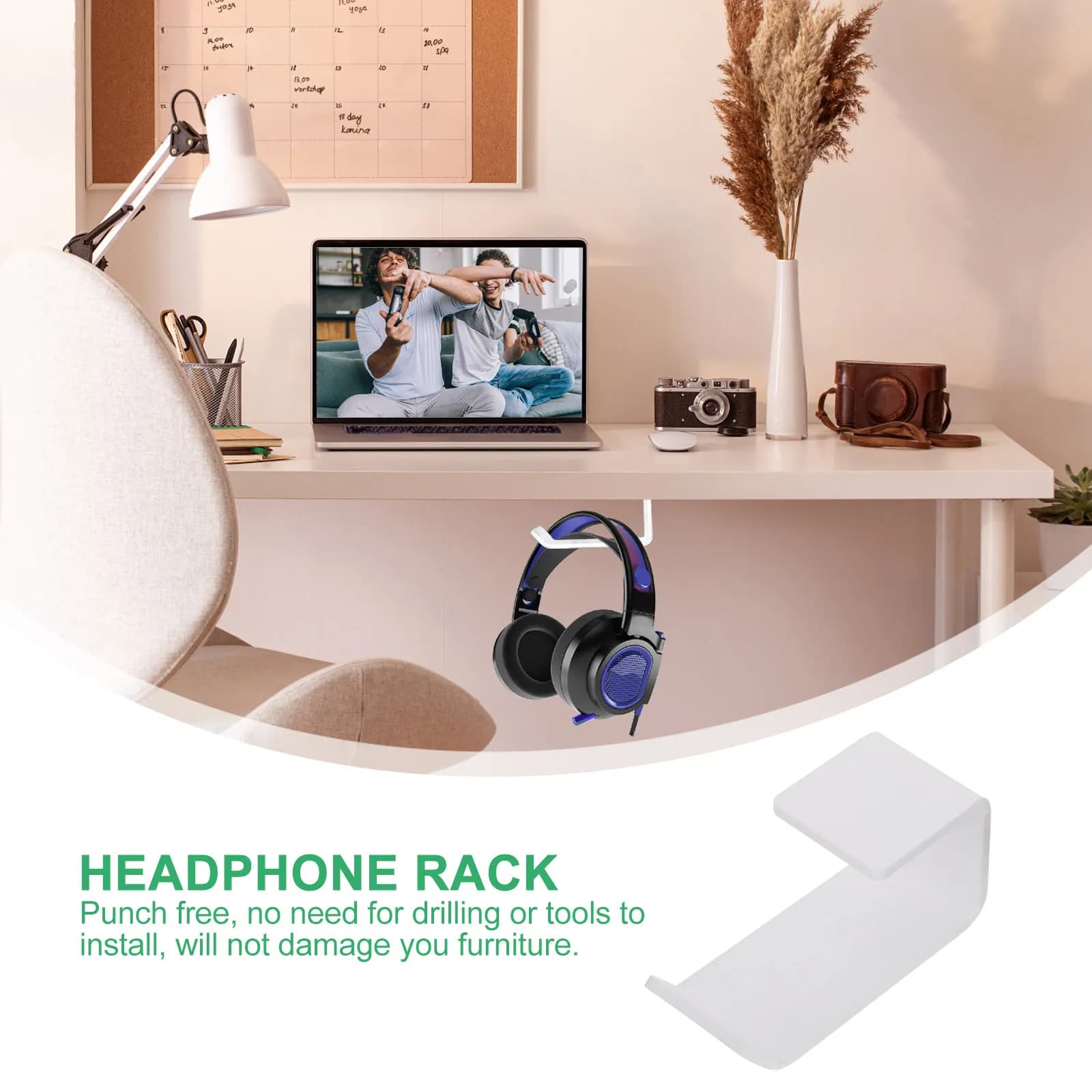 Acrylic Desktop Headphone Holder, 2 Pieces, PC Gaming Headphone No Drilling Hook