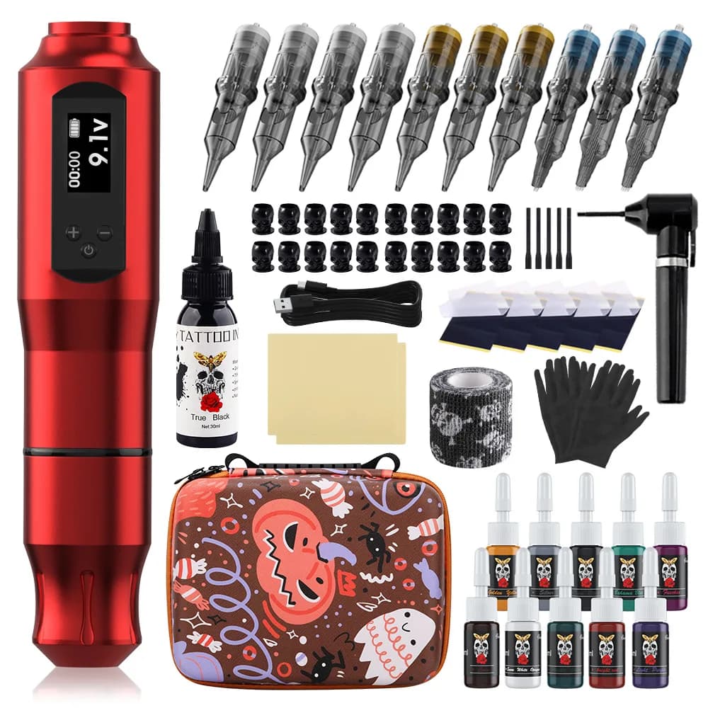 Set di macchinette per tatuaggi wireless per principianti transfrontalieri, display per lo schermo, penna con batteria a diamante, set completo di borse a mano
