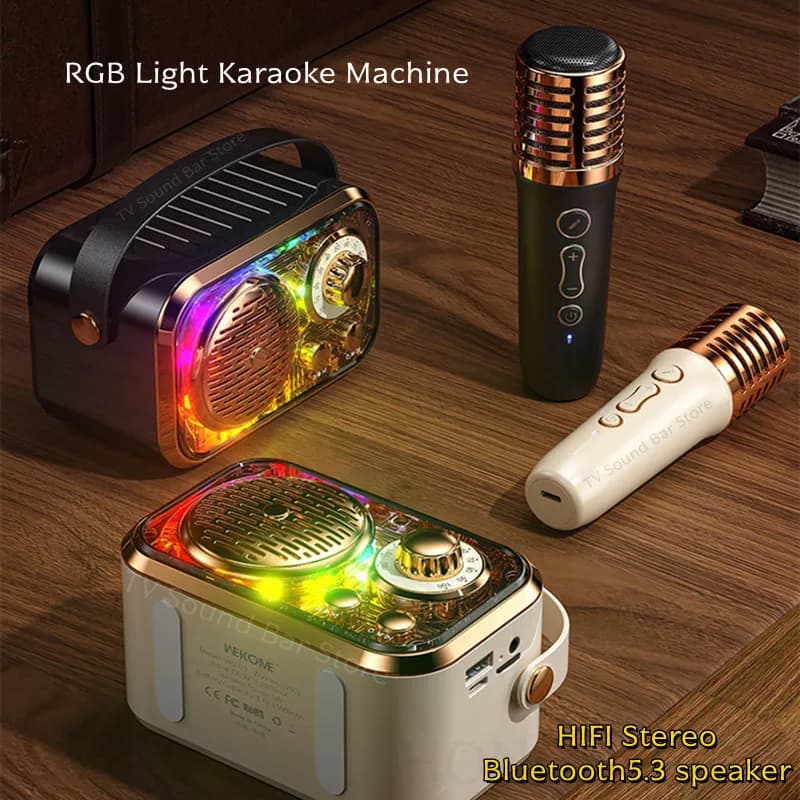 Retro Wireless Mini Subwoofer HIFI Stereo Bluetooth5.3 Speaker RGB Lights Karaoke Machine with Mic For USB AUX TF Card Playback