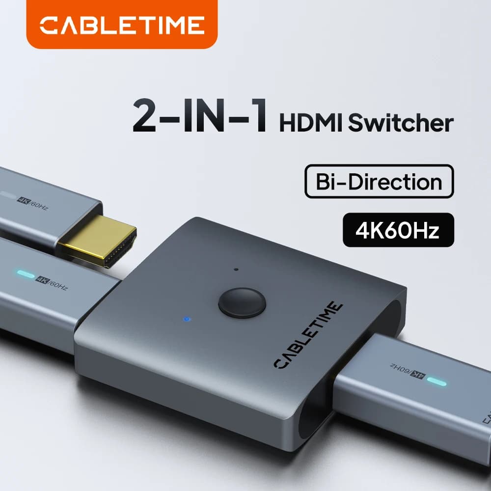 CABLETIME Switch HDMI Splitter 4K 2 in 1 Out 60Hz HDMI Compatible Switcher Hub 2.0 for Laptop HDTV Xbox PS4 PS5 TV MacBook